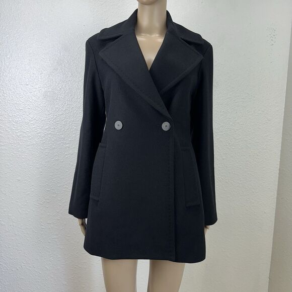 Theory Wool Coat Womens 4 Black Peacoat Double Breasted Money Staple Business - Picture 2 of 15